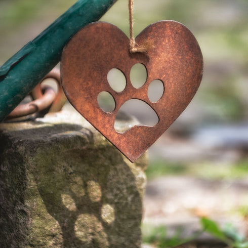Paw Print Heart - Rustic Rusted Garden Sign
